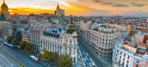 Panoramic aerial view of Gran Via street in Madrid in sunset, Spain. Europe
